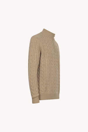 Lupetto Mezza Zip a Trecce 6 Fili in Puro Cashmere Nocciola