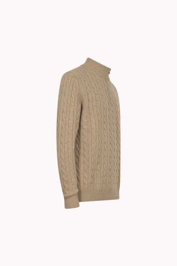 Lupetto Mezza Zip a Trecce 6 Fili in Puro Cashmere Nocciola