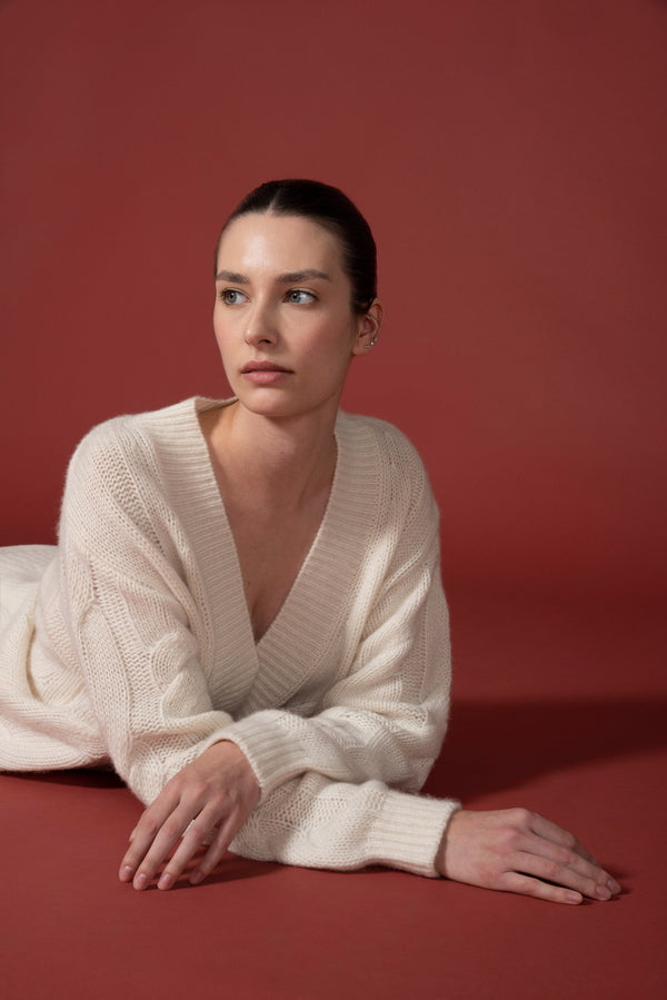 Maglia Scollo a V Trecciona Puro Cashmere