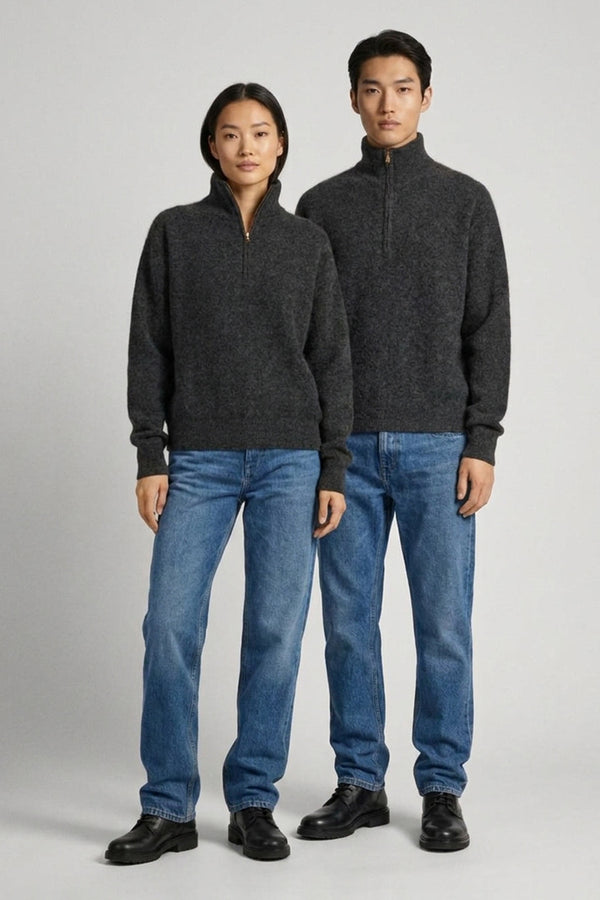 Lupetto Mezza Zip Unisex in Puro Cashmere Spazzolato Grigio