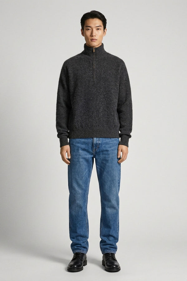 Lupetto Mezza Zip Unisex in Puro Cashmere Spazzolato Grigio