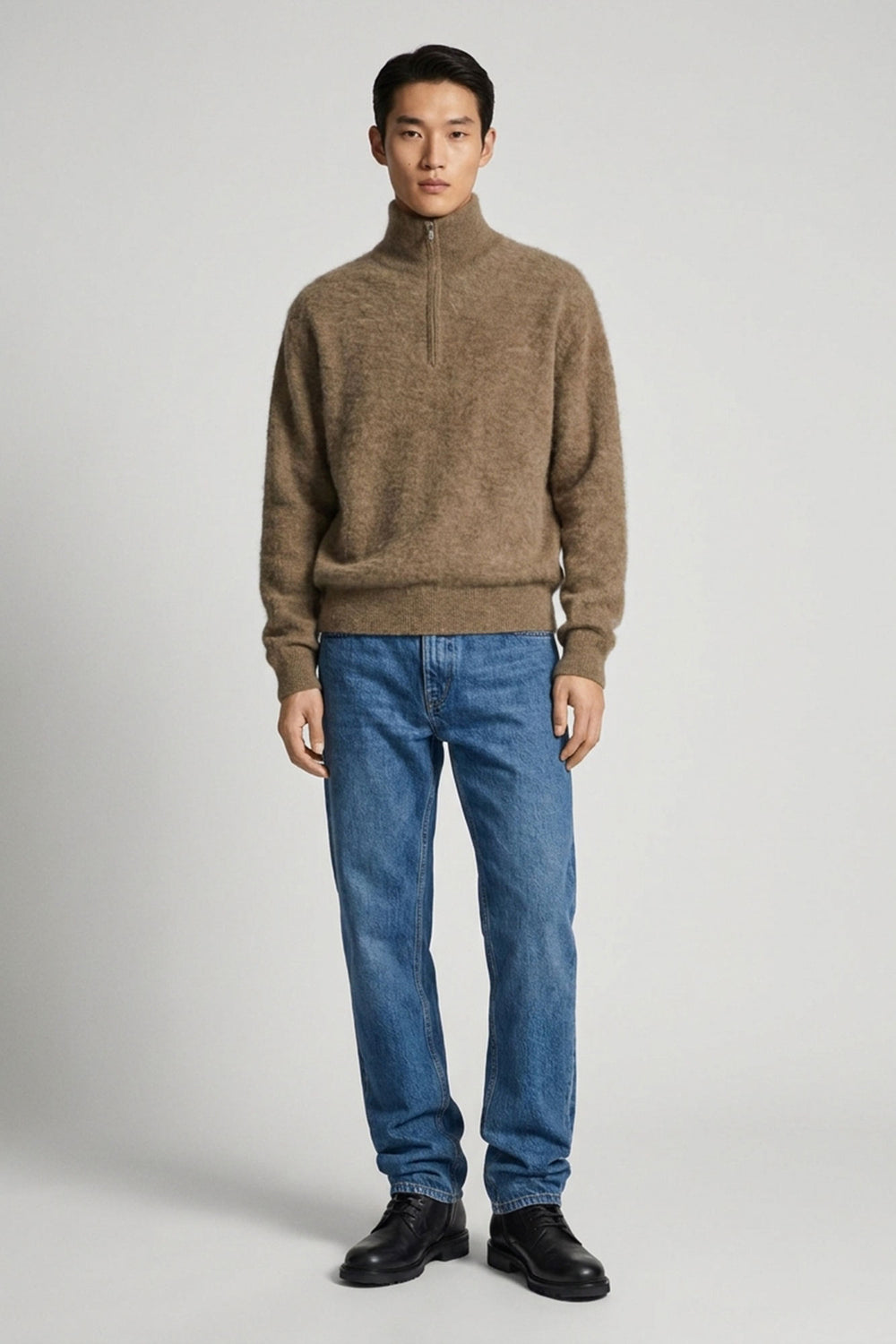 Dune Unisex Pure Cashmere Brushed Half-Zip Mock Neck Sweater
