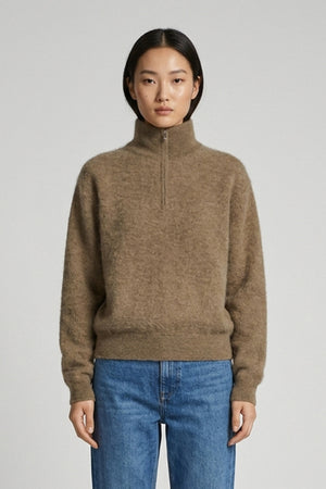 Lupetto Mezza Zip Unisex in Puro Cashmere Spazzolato Dune