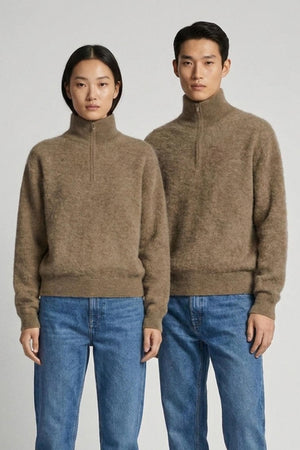Lupetto Mezza Zip Unisex in Puro Cashmere Spazzolato Dune
