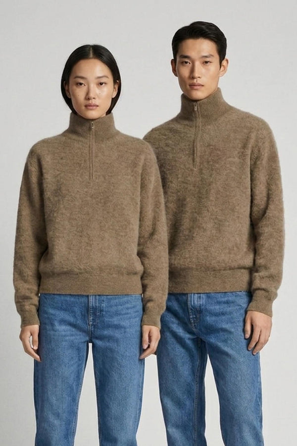 Lupetto Mezza Zip Unisex in Puro Cashmere Spazzolato Dune