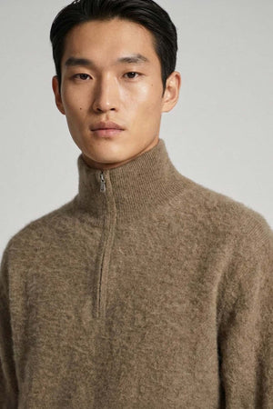 Lupetto Mezza Zip Unisex in Puro Cashmere Spazzolato Dune