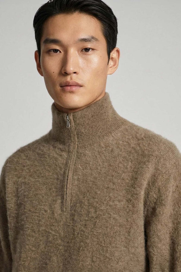 Lupetto Mezza Zip Unisex in Puro Cashmere Spazzolato Dune
